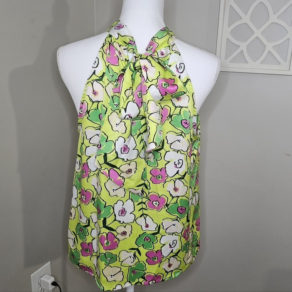 THML Scarf Print Halter Neck Tie Back Sleeveless Chartreuse Floral Y2K Blouse - Picture 8 of 13